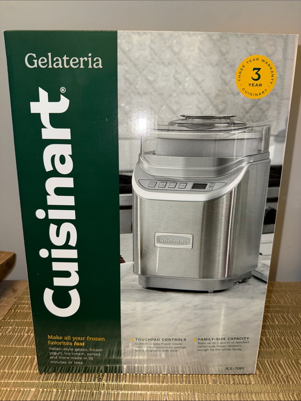 Cuisinart Gelateria Ice Cream Maker in Stainless Steel and Dark Green Box